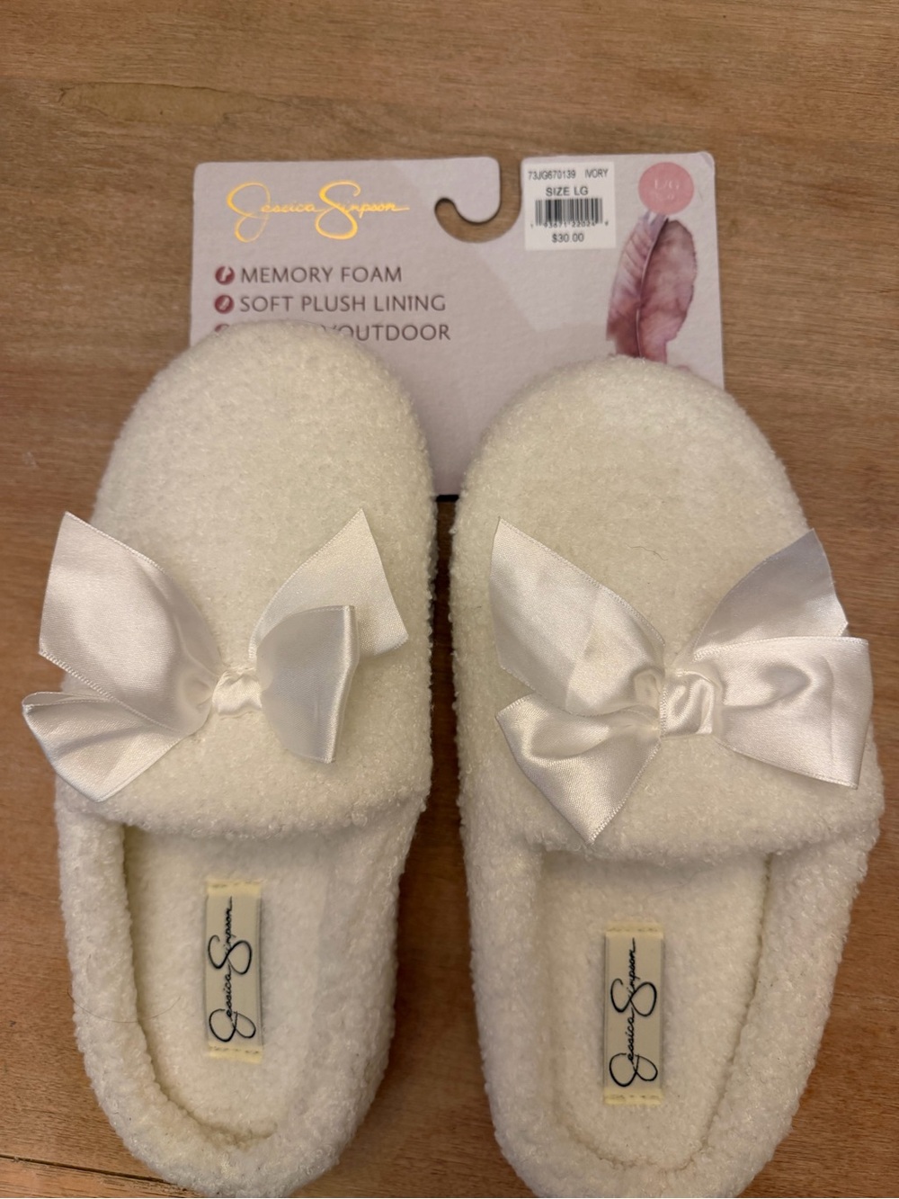Jessica Simpson Cream Plush Bow Slip-On Slippers